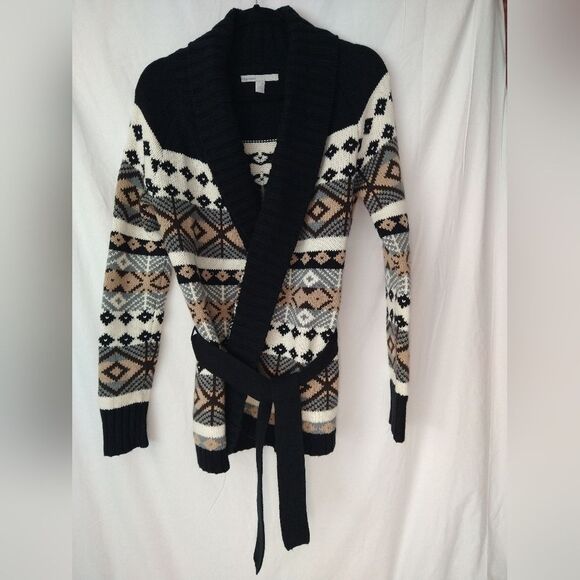 Old Navy Knit Cardigan Tan Black Aztec Southwest Cotton Lambs Wool Blend - Picture 6 of 10